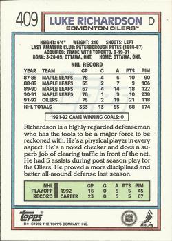 1992-93 Topps #409 Luke Richardson Back