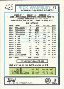 1992-93 Topps #425 Rick Wamsley Back