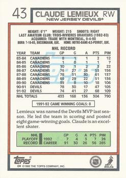 1992-93 Topps #43 Claude Lemieux Back