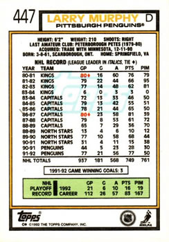1992-93 Topps #447 Larry Murphy Back