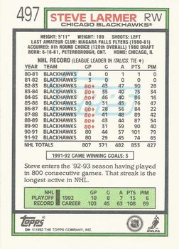 1992-93 Topps #497 Steve Larmer Back