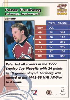 1999-00 Pacific Paramount - Premiere Date #63 Peter Forsberg Back