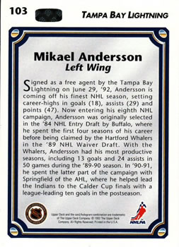 1992-93 Upper Deck #103 Mikael Andersson Back