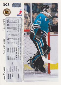 1992-93 Upper Deck #308 Jeff Hackett Back