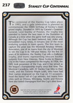1992-93 Upper Deck #237 Stanley Cup Centennial Back