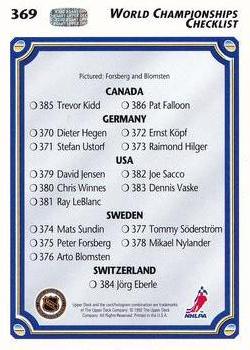 1992-93 Upper Deck #369 World Championships Checklist (Peter Forsberg / Arto Blomsten) Back