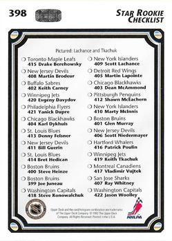 1992-93 Upper Deck #398 Star Rookie Checklist (Scott Lachance / Keith Tkachuk) Back