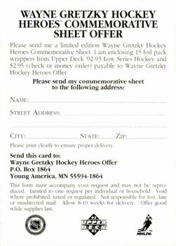 1992-93 Upper Deck #NNO Wayne Gretzky Hockey Heroes Commemorative Sheet Offer Back