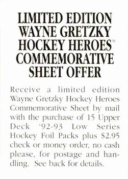 1992-93 Upper Deck #NNO Wayne Gretzky Hockey Heroes Commemorative Sheet Offer Front