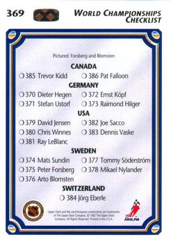 1992-93 Upper Deck #369 World Championships Checklist (Peter Forsberg / Arto Blomsten) Back