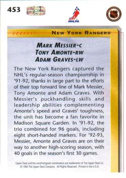 1992-93 Upper Deck #453 Mark Messier / Tony Amonte / Adam Graves Back