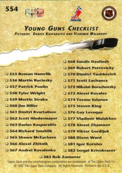 1992-93 Upper Deck #554 Young Guns Checklist (Darius Kasparaitis / Vladimir Malakhov) Back