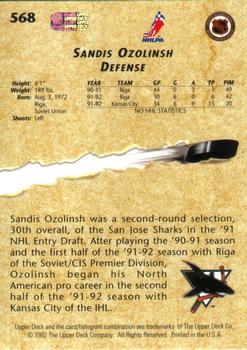 1992-93 Upper Deck #568 Sandis Ozolinsh Back