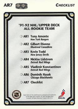 1992-93 Upper Deck - All-Rookie Team #AR7 Tony Amonte / Gilbert Dionne / Kevin Todd / Nicklas Lidstrom / Vladimir Konstantinov / Dominik Hasek Back