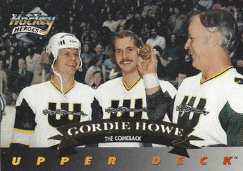 1992-93 Upper Deck - Hockey Heroes: Gordie Howe #25 Gordie Howe / Mark Howe / Marty Howe Front