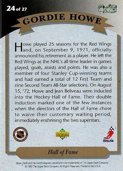 1992-93 Upper Deck - Hockey Heroes: Gordie Howe #24 Gordie Howe Back