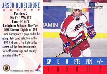 1993-94 Donruss - 1994 World Junior Championship USA #USA 2 Jason Bonsignore Back