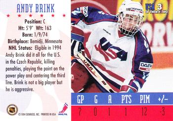 1993-94 Donruss - 1994 World Junior Championship USA #USA 3 Andy Brink Back