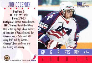 1993-94 Donruss - 1994 World Junior Championship USA #USA 4 Jon Coleman Back