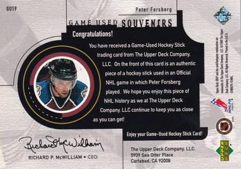 1999-00 Upper Deck MVP - Game-Used Souvenirs #GU19 Peter Forsberg Back