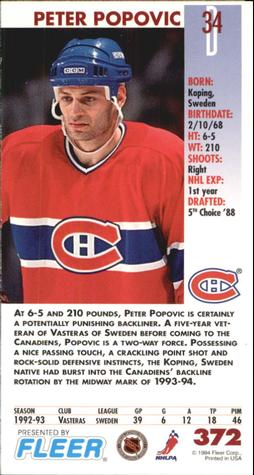 1993-94 Fleer PowerPlay #372 Peter Popovic Back
