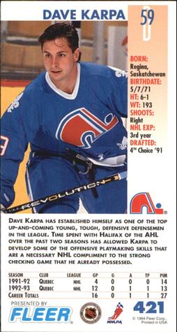 1993-94 Fleer PowerPlay #421 Dave Karpa Back