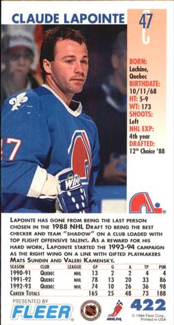 1993-94 Fleer PowerPlay #422 Claude Lapointe Back
