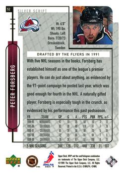 1999-00 Upper Deck MVP - Silver Script #52 Peter Forsberg Back