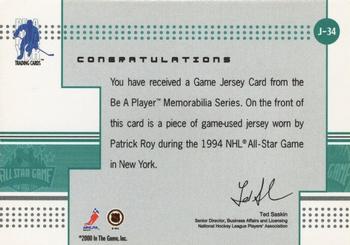 2000-01 Be a Player Memorabilia - Game Jersey #J-34 Patrick Roy Back