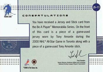 2000-01 Be a Player Memorabilia - Game Jersey and Stick #JS-11 Tony Amonte Back