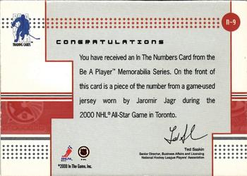 2000-01 Be a Player Memorabilia - In the Numbers Memorabilia Game Jersey Numbers #N-9 Jaromir Jagr Back