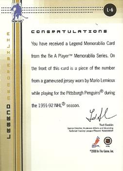2000-01 Be a Player Memorabilia - Legend Memorabilia: Mario Lemieux #L-6 Mario Lemieux Back