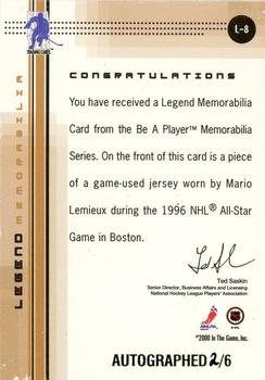 2000-01 Be a Player Memorabilia - Legend Memorabilia: Mario Lemieux Autographed #L-8 Mario Lemieux Back