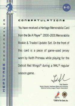 2000-01 Be a Player Memorabilia - Rookie & Traded Update Heritage Memorabilia Jerseys #H15 Keith Primeau Back