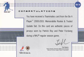 2000-01 Be a Player Memorabilia - Rookie & Traded Update Teammates Memorabilia #TM-18 Patrick Roy / Peter Forsberg Back