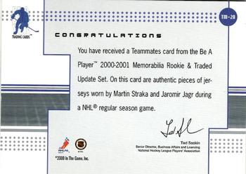 2000-01 Be a Player Memorabilia - Rookie & Traded Update Teammates Memorabilia #TM-20 Martin Straka / Jaromir Jagr Back