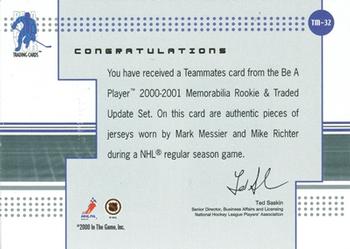 2000-01 Be a Player Memorabilia - Rookie & Traded Update Teammates Memorabilia #TM-32 Mark Messier / Mike Richter Back