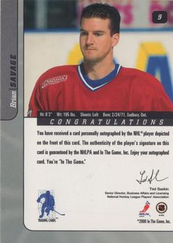 2000-01 Be a Player Signature Series - Autographs #9 Brian Savage Back