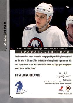 2000-01 Be a Player Signature Series - Autographs #50 Mathieu Biron Back
