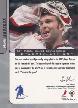 2000-01 Be a Player Signature Series - Autographs #139 Martin Brodeur Back