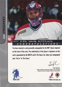 2000-01 Be a Player Signature Series - Autographs #195 Jose Theodore Back