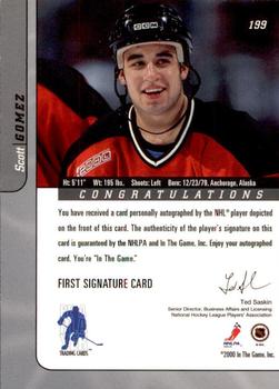 2000-01 Be a Player Signature Series - Autographs #199 Scott Gomez Back