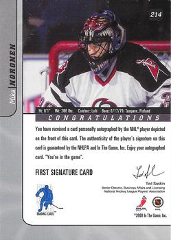 2000-01 Be a Player Signature Series - Autographs #214 Mika Noronen Back