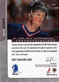 2000-01 Be a Player Signature Series - Autographs #243 Henrik Sedin Back