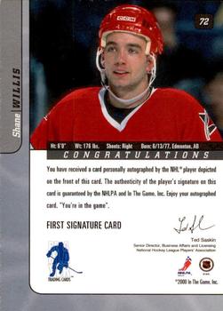 2000-01 Be a Player Signature Series - Autographs Gold #72 Shane Willis Back