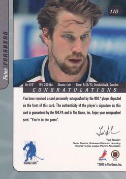 2000-01 Be a Player Signature Series - Autographs Gold #110 Peter Forsberg Back