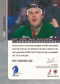 2000-01 Be a Player Signature Series - Autographs Gold #128 Mika Alatalo Back