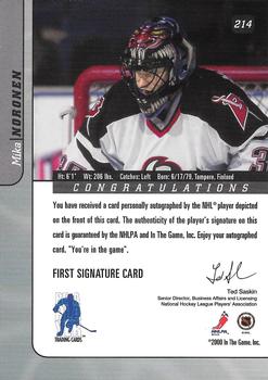 2000-01 Be a Player Signature Series - Autographs Gold #214 Mika Noronen Back