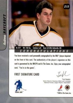 2000-01 Be a Player Signature Series - Autographs Gold #215 Andrew Raycroft Back