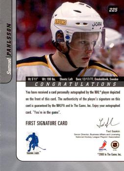 2000-01 Be a Player Signature Series - Autographs Gold #225 Samuel Pahlsson Back